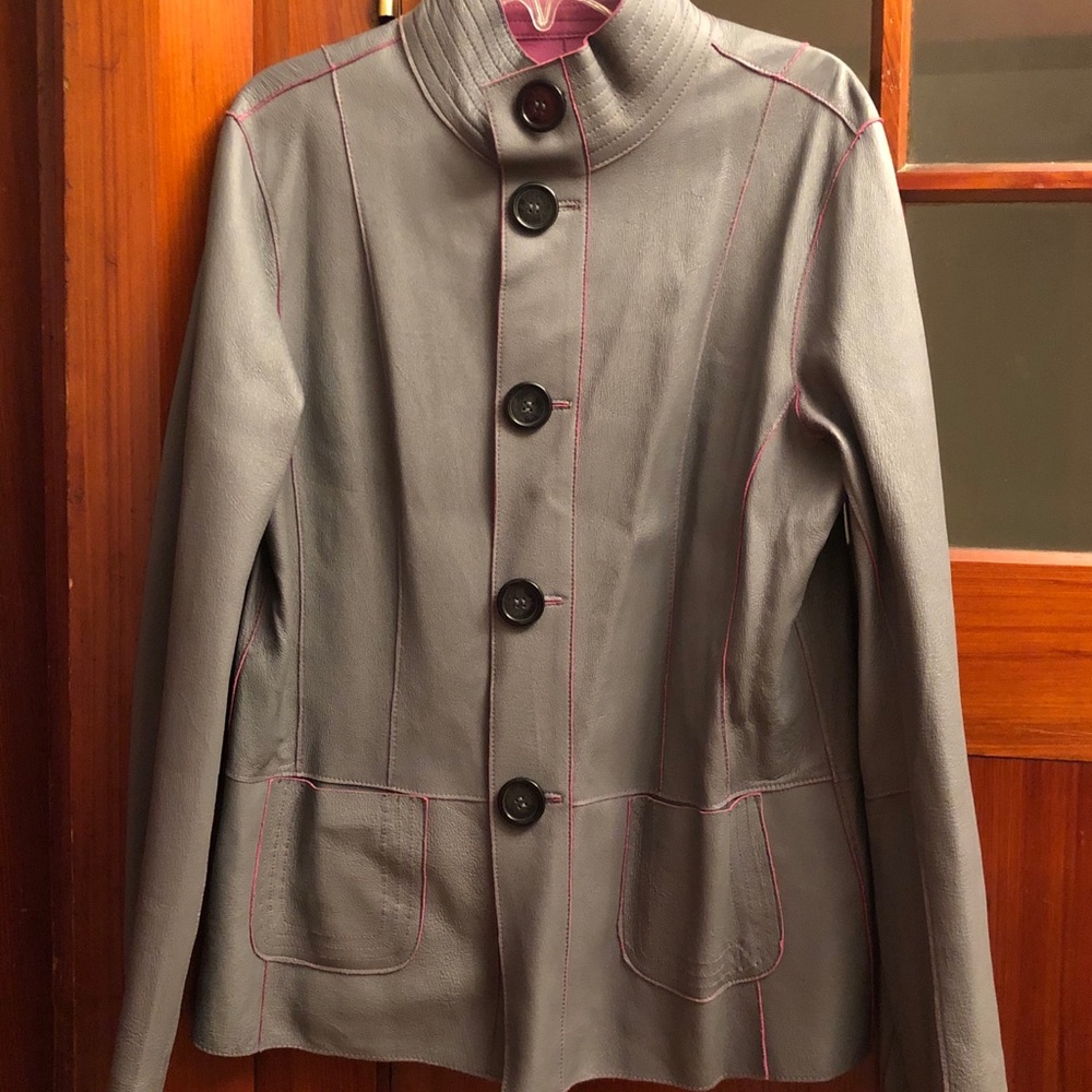 reversible fushia and gray leather jacket